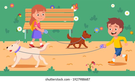 Dogs owners girl, boy kids run walk their puppy pets on leashes. Children cartoon character walking dog pet friend on summer park walkway with bench. Nature leisure activity. Flat vector illustration