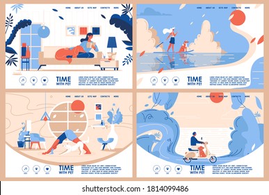 Dogs and owners time landing page templates. Yoga with puppy, reading, sport and travelling with pet in vibrant colors