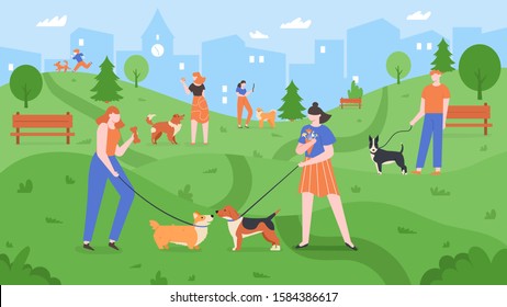 Dogs at park. Pets playing in dog park, people walk and play with dogs in outdoor yard, urban dog park landscape colorful vector illustration. Pet owners training puppies, have fun together