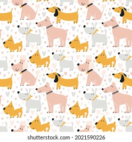 dogs pattern. Cute seamless print. Background for printing on fabric, digital paper. Universal design for decorating children's photo albums, theme parties. Vector illustration, hand-drawn