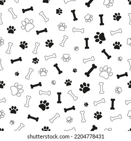 Dogs pattern in doodle style with bones and paws on white background. Doodle vector illustration. Cute seamless pattern