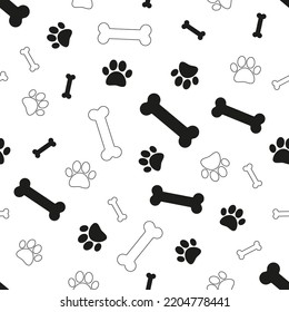 Dogs pattern in doodle style with bones  and paws on white background. Doodle vector illustration. Cute seamless pattern for kids print