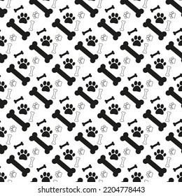 Dogs pattern in doodle style with bones  and paws on white background. Doodle vector illustration. Cute seamless pattern for fabric, textile, postcards