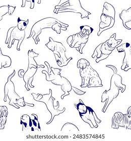 dogs pattern. hand drawn seamless background with domestic animals dogs in different poses