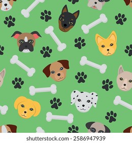 Dogs Pattern - Messy Dog Heads, Bones and Paws on Green Background. Seamless Link.