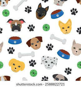 Dogs Pattern - Messy Dog Heads, Dog Food, Bones, Balls and Footprints. Seamless Link.