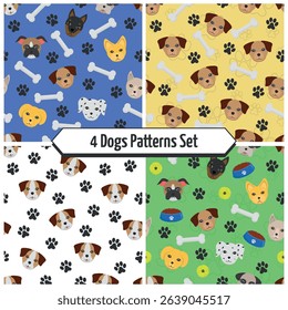 Dogs Patterns Set - 4 Dog Patterns with Footprints, Bones, Dog Food and Balls on Colored Backgrounds. Seamless Link.