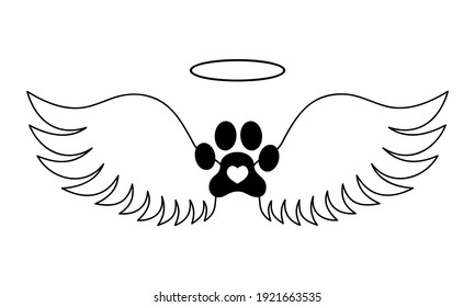 Dogs paw with angel wings, halo and heart inside. Pet memorial concept. Printable and cuttable graphic design for tattoo, tshirt, memory board, tombstone. Vector illustration.