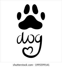 A dog's paw with black heart is isolated on white background. Vector illustration in doodle style. Paw of an animal, a puppy with the inscription dog