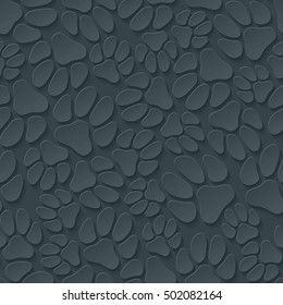 A lot of dog's paw prints on dark gray background. Neutral seamless pattern with 3D effect. Vector EPS10.