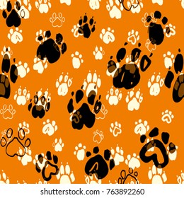 Dogs paws seamless pattern. Animal vector ginger background.