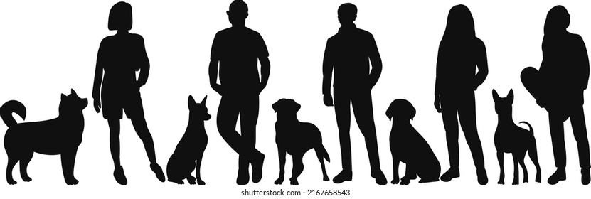 dogs and people silhouette on white background, isolated, vector