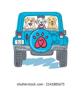 Dogs Pets Travel  In Jeep Illustration