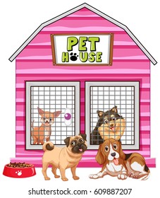 Dogs in pink pet house illustration