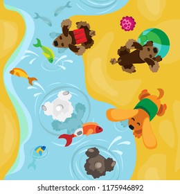 Dogs play on the river bank, dive and fish in the water. Around them are swimming fish.