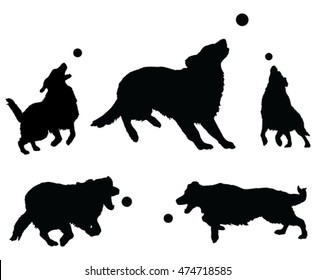 Dogs Playing With Ball is an illustration of five dogs or Golden Retrievers in silhouette jumping for and playing with a ball.