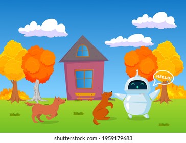 Dogs playing with friendly robot outdoors in autumn. Cartoon domestic animals running and sitting, electronic cyborg greeting pets vector illustration. Modern robots, animals, communication concept