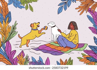 Dogs playing with owner outdoors colorful scene. Woman sitting on blanket with two dogs one playing with ball surrounded by vibrant leaves. Ideal for website banner