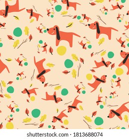 Dogs playing in a park seamless vector pattern. Happy autumn season surface print design for fabrics, stationery, scrapbook paper, gift wrap, textiles, and packaging.