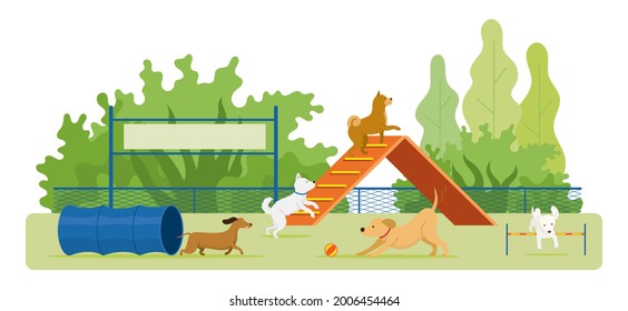 Dogs Playing in Playground , Park Background with Toys and Equipments svg