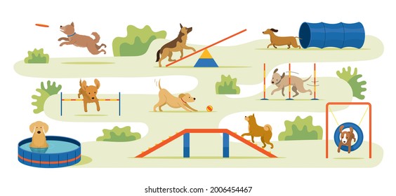 Dogs Playing in Playground , Park Background with Toys and Equipments svg