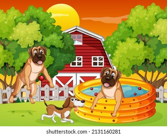 Dogs playing in the pool at the farm illustration