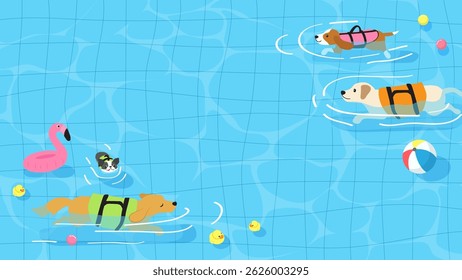Dogs Pool Party background vector illustration. Dogs are having fun swimming in the pool.