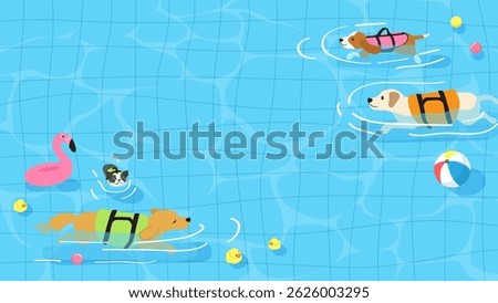 Dogs Pool Party background vector illustration. Dogs are having fun swimming in the pool.