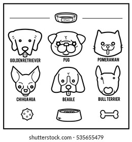 Dogs portrait with their things draw in minimal style