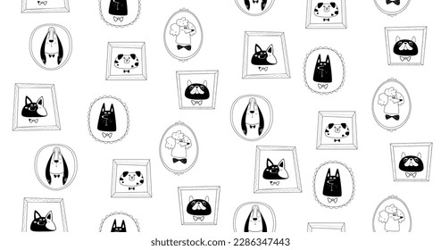 Dogs portraits pattern. Silhouette vector illustration. Children wallpapers.