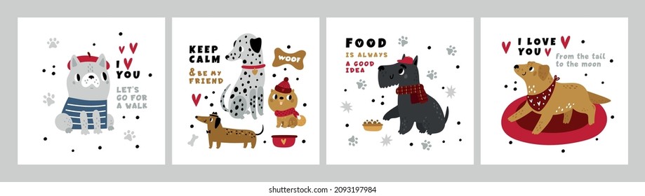 Afiches de perros. Graciosas tarjetas cuadradas para mascotas, diferentes razas adorables cachorros, accesorios y ropa, bulldog y dachshund divertidos, terrier y labrador, dibujos vectoriales planos