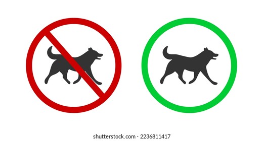 Dogs prohibited and allowed icon. Pets walking ban and friendly zone pictogram. Canine silhouette in red forbidden and green approved sign isolated on white background. Vector flat illustration