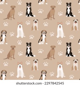 Dogs pug, akita, border collie, ridgeback, beagle dog seamless repeat pattern. natural. gender neutral. earth tones. beige, brown. cute pet puppy.