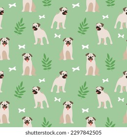 Dogs pug dog seamless repeat pattern. natural. gender neutral. earth tones. beige, brown. cute pet puppy.