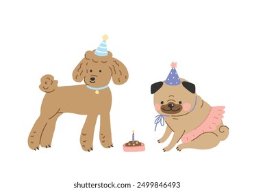 Hunde Pug und Pudel feiern Geburtstag. Cartoon Vektorgrafiken flachen Stil.