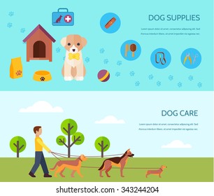 Dogs  puppies breeds accessories supply and care 2 flat  horizontal banners composition poster abstract isolated vector illustration