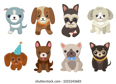 Dogs and puppies collection, poster with pets, of different breeds, pug and basset hound, labrador and chihuahua, dachshund dog on vector illustration