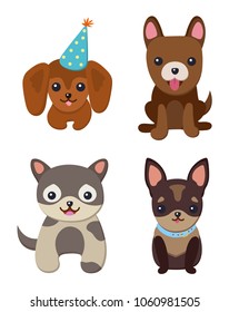 Dogs and puppies collection, poster with pets, of different breeds, pug and basset hound, labrador and chihuahua, dachshund dog on vector illustration