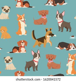 Dogs and puppies different breeds wrapping paper with husky, bulldog, schnuzer, spaniel vector seamless pattern illustration. Cartoon pets dogs background.