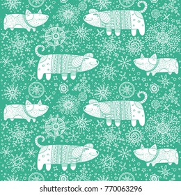 Dogs and puppies funny doodle animals. Christmas card with snowflakes background. Adult coloring  page. Green and white seamless vector pattern.