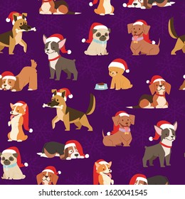 Dogs and puppies in Santa red caps Christmas seamless pattern or wrapping paper vector illustration. Cartoon pets dogs background for xmas winter holidays.
