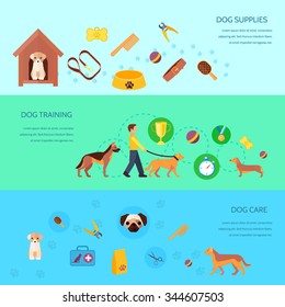 Dogs puppies training feeding care products and supplies 3 flat  horizontal banners set abstract isolated vector illustration