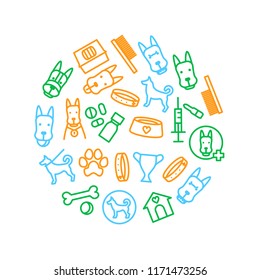 Dogs and Puppy Thin Line Round Design Template Include of Bone, Food Bowl, Toy, Paw, Veterinary, Collar and Expression. Vector illustration