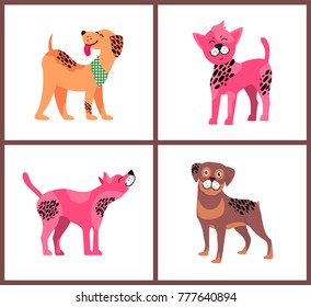 Dogs of pure breeds. Weimaraner in neckerchief, Chinese crested puppy, American hairless terrier and cute rottweiler isolated vector illustrations.