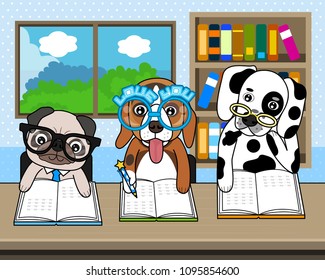 Dogs read books in rooms with bookshelves