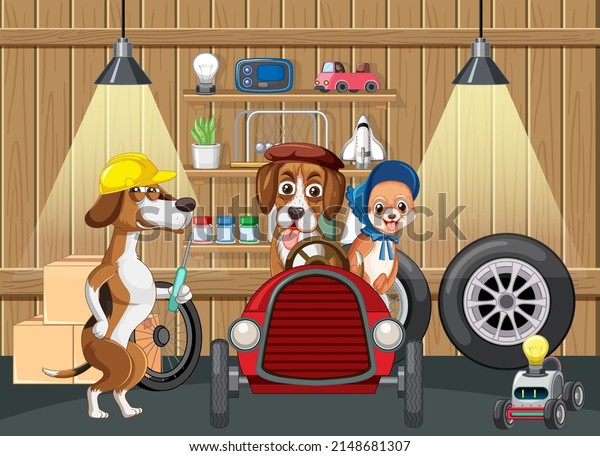 Dogs repairs car in\
garage illustration