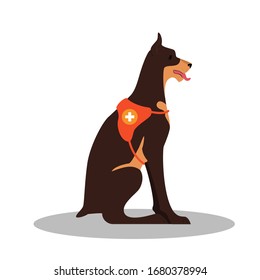 Dogs Rescuer, Doberman Breed. Cadaver Dog For Finding People. Cute Domestic Pet Helping People. Isolated Vector Illustration In Cartoon Style