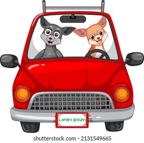 Dogs riding a car on white background illustration