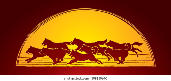 Dogs running designed on moonlight background graphic vector.