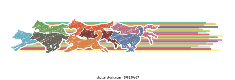 Dogs running designed using colorful graphic with line rainbows vector.